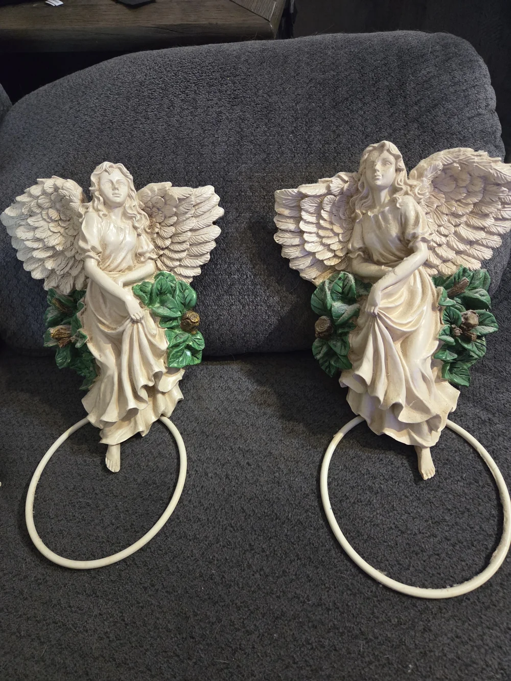 Pair of Cream Angel Wall Hangings with Green Floral Accents Towel Hangers